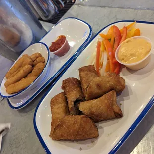 Mozz sticks and cheese steak egg rolls