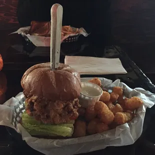 Fried chicken sandwich and tots, yum.