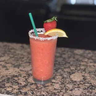 Blended strawberry Margarita with salt rim