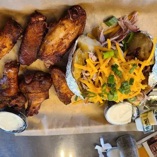 6 wings and loaded baked potato w/ pulled pork.
