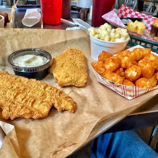 Catfish with tater tots and Mac and cheese.