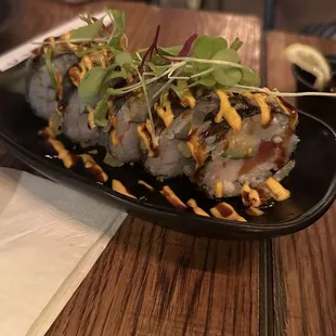 Fired Fried Tiger Roll - tuna salmon avocado kani spicy sauce and eel sauce