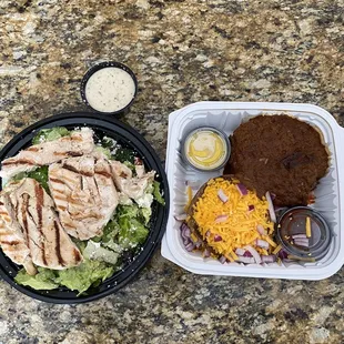 Dinner sized Lebanese Chicken Fattoush salad (without pita chips and red onion) and the Texas Chili Hamburger