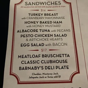 Sandwich selection on the menu