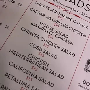 The salad menu-- amazing salads!