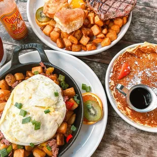 Corn - Beef Hash &amp; Eggs, Buttermilk Pancakes, Petite Steak