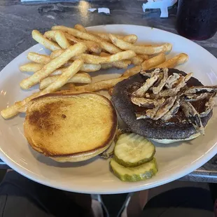 Bison burger with beer battered fries!  Tasty!