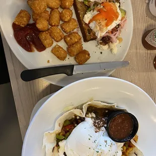 Huevos Rancheros and Avocado Toast with Potato Tots