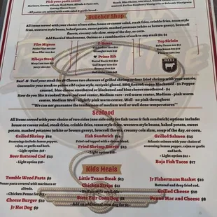 Appys, Butcher Shop Seafood Kids 6oz Fllet $28 8oz Sirloin $19 10 oz T Bone $29 Jan-2024