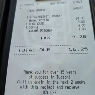 Pitcher XX Ribs &amp; Brisket shared with leftovers, with dessert coffee $56.25. plenty of food  Jan-2024