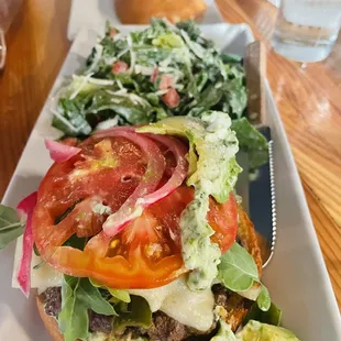 Kobe Burger Open Faced with the toppings of the Portebello burger