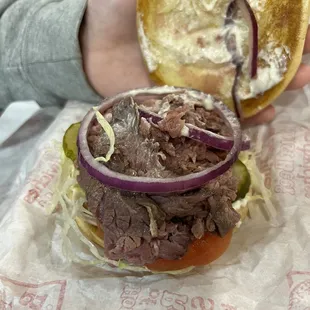 &quot;Barnstormer&quot; - - roast beef with red onion, lettuce, tomato, pickles, miracle whip light