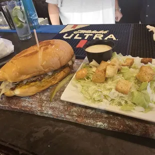 a burger and salad