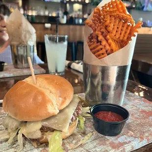 Avocado Swiss Burger with Sweet Potato Waffle Fries