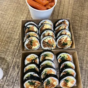 Squid and pork kimbap w side of spicy rice cake