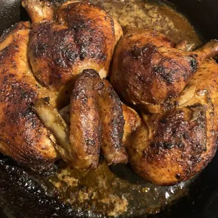 Red Dragon marinated chicken halves. Cooked in cast iron skillet at 350 until tender. Added some chicken stock to baste and keep it juicy.