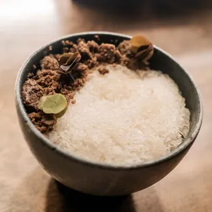 dessert course - kiwi sorbet, hazelnut &amp; banana cream, banana &amp; yakult snow, hazelnut crumble