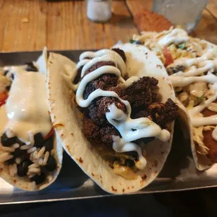 black bean taco, cauliflower taco, and perch taco