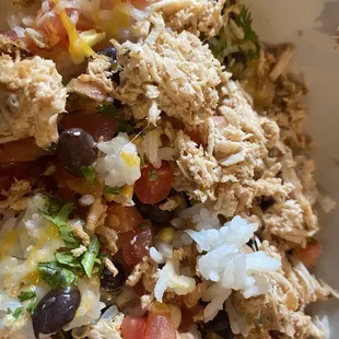 Burrito bowl with shredded chicken