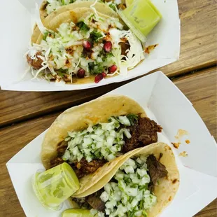 Top: fish taco Bottom left to right: pork taco and beef taco