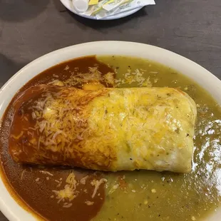 Breakfast burrito with merry Christmas chile combo.