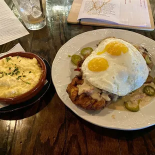 Country Fried Steak with a side of Calabrian chili-cheese grits