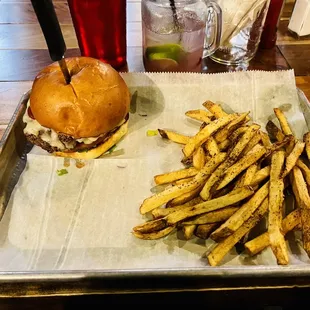 Burger and fries. Love the presentation