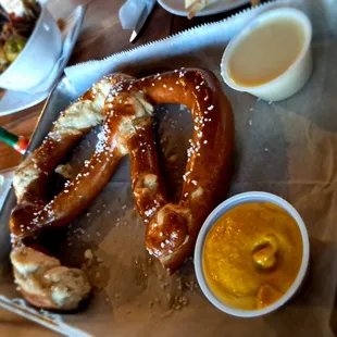 Incredible soft pretzel app served with delicious hot cheese and mustard for dipping.  I ate some before I membered to take a picture.