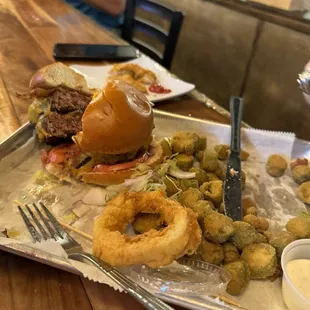 Double Bacon Cheeseburger with fried okra