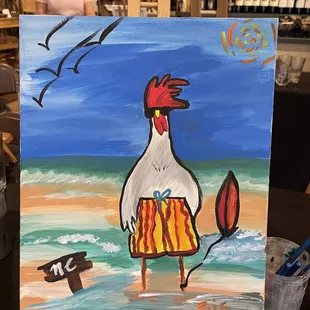a painting of a rooster on a beach