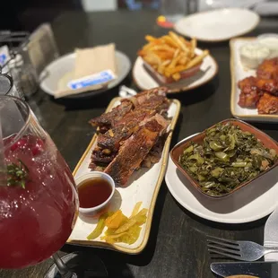 a table of food and drinks
