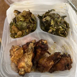 Wings, greens, and Brussels
