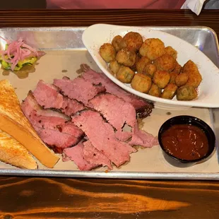 House prime pastrami plate with fried okra.