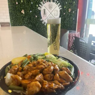 Teriyaki bowl and Lucky Gato Rice Lager
