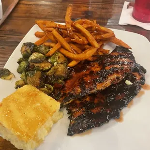 BBQ chicken, Brussels, and sweet potato fries. Yum!