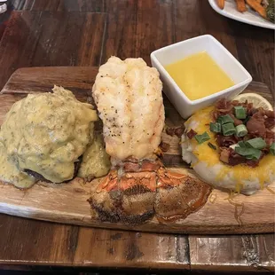 Filet mignon Oscar style, lobster tail w/butter and loaded mashed potatoes. Valentine&apos;s Day special and available sometimes on Fridays.