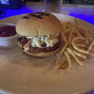 Crispy chicken sandwich with shoestring fries