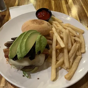 bacon swiss burger with added avocado