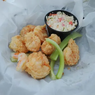 Standard naked shrimp appetizer basket. The cooks do an amazing job here. Celery is also very fresh with excellent slaw.