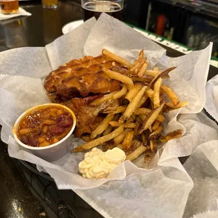 Chicken and Waffles with French fries and beans