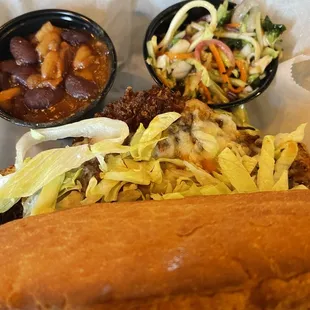Coconut crusted chicken sandwich, beans, broccoli and kale salad