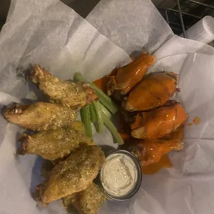 Smoked wings half hot half garlic parm