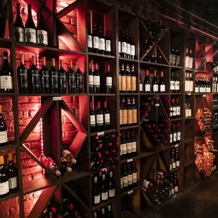 a wall of wine bottles