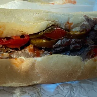 Cheesesteak with hot peppers. Delicious