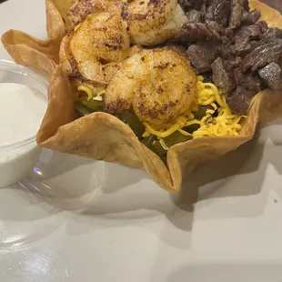 Shrimp and fajita steak salad