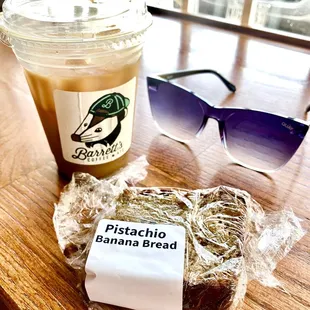 Cold brew /oat milk and delicious pistachio banana bread!