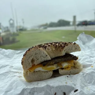 Sausage egg and cheese on an onion bagel!