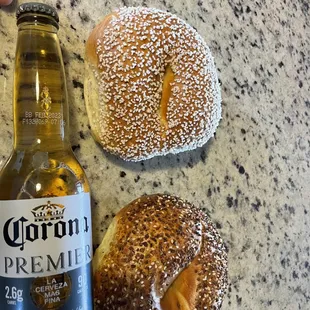 Salt Bagel and Everything Bagel (Corona for size perspective)