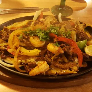 Shrimp and steak fajitas