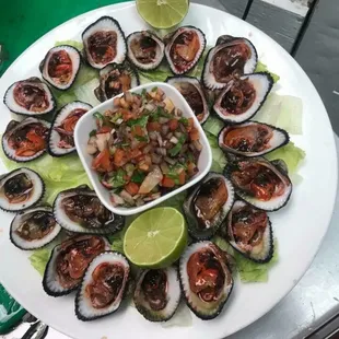 a plate of fresh oysters with a lime wedge